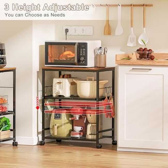 Microwave Cart with Adjustable Drawer Slider Shelves, 3 Tier Rolling Kitchen Microwave Stand with Storage, Small Kitchen Utility Cart on Lockable Wheels, Coffee Cart with Hooks-7yFARHgi