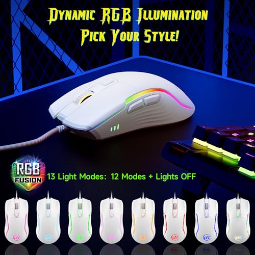 Image of memzuoix Wired Gaming Mouse with RGB - 6 Adjustable DPI up to 12800, 6 Buttons, 12 Lighting Modes, Ergonomic Design with Anti-Slip Rubber Wheel, 5.6ft Braided Cable for PC /Mac /Windows - White