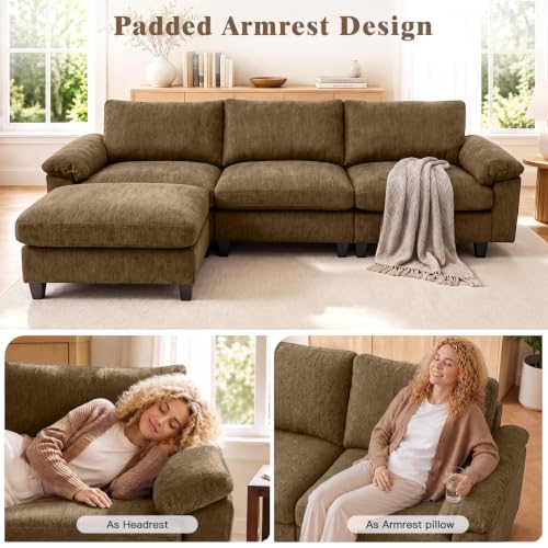 Image of Sectional Couches for Living Room, 109 inch L Shaped Cloud Sofa & Couch | Upholstered Armres, 22 inch Seat Depth, Movable Ottoman, Comfy Chenille, Easy Assembly, Taupe