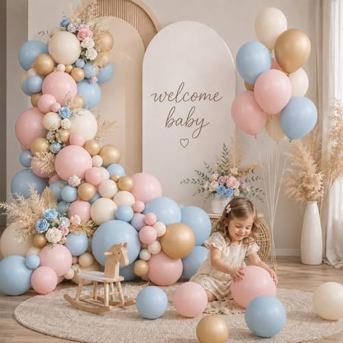 Image of Gender Reveal Balloon Arch Kit, 100 PCS Dusty Pink Blue Balloons, Metallic Gold Sand White Balloons for Boy or Girl Gender Reveal Boho Birthday Wedding Baby Shower Bridal Bear Theme Party Decorations