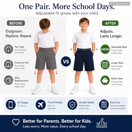 Image of Bienzoe Boys School Uniform Shorts: Flat Front Cotton Bermuda - Adjustable Waist - Breathable for Church Outdoor - Aged 4-13