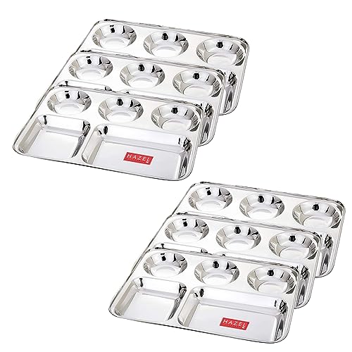Image of HAZEL Stainless Steel Compartment Mess Plate | Steel Rectangle Bhojan Thali with Round Holes, Set of 6