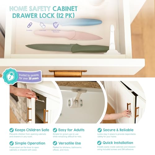 Image of Regalo 12 Pack Child Safety Cabinet Locks, Baby Proofing Drawer and Cabinet Latches with No Drill 3M Adhesive Strips, White