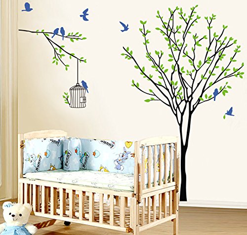 Homemate Home Decorative Mural Decal Art Vinyl Wall Sticker Blue Bird Cages Green Tree Wallpaper