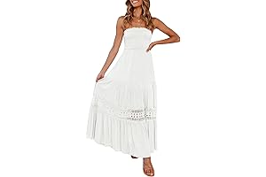 Women's 2024 Summer Vacation-Ready Bohemian Strapless Off-the-Shoulder Lace-Trimmed Flowy A-Line Beach Maxi Dress