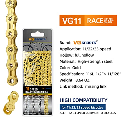 VG SPORTS 6/7/8/9/10/11 Speed Bike Chains,Half Hollow/Full Hollow Lightweight Bicycle Chains for Road Bike/MTB/BMX,Silver/Gold/Titanium/Rainbow 116 Links with Missing Link - Thumbnail 6