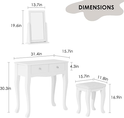 Miniatura 5 de soges Juego de mesa de tocador de maquillaje, escritorio de 2 cajones, espejo de rotación de 360°, taburete acolchado, juego de tocador para
