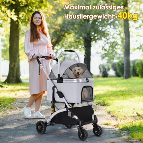 MAMIZO Hundebuggy 3 in1 Hundewagen Hundebox Transporttasche,Faltbar klappbar Katzenwagen,Bis 20kg,4 PCS 360° Verschleißfeste Gummiräder, Ablagekorb, Getränkehalter,für kleine Hunde Katz, Silber grau