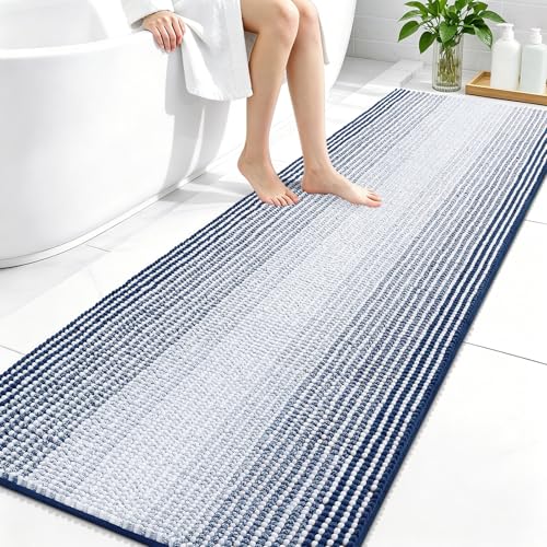 Image of OLANLY Bathroom Runner Rugs 70x24, Extra Soft Absorbent Chenille Striped Bath Rugs, Rubber Backing, Machine Wash Dry, Long Bath Mats for Bathroom, Tub, Shower, Home Decor Accessories, Navy