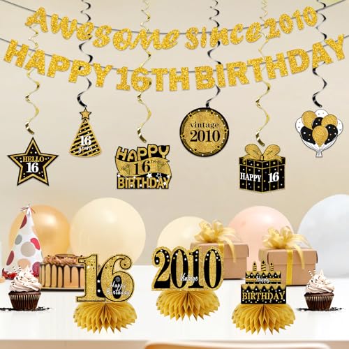 Image of Kuxriox 11Pcs 16th Birthday Decorations Kit for Boys Girls, Black Gold Happy 16th Birthday Banner, Awesome Since 2010 Centerpieces Swirls Party Supplies, 16 Bday Banner Ceiling Table Topper Sign