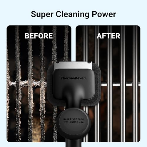 Image of ThermoMaven Grill Brush Bristle Free with 3 Replacement Brush Heads, Steam Grill Brush with Scraper, Non Metal Bristles for Cast Iron, Stainless-Steel Grates, Safe for Non-Stick Surface, Black