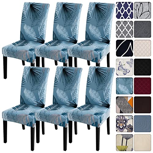 Image of SearchI Summer Pattern Dining Room Chair Covers Set of 6, Stretch Printed Parsons Chair Slipcovers Spandex Removable Washable Kitchen Chair Protector Cover for Dining Room, Hotel, Ceremony (Blue)