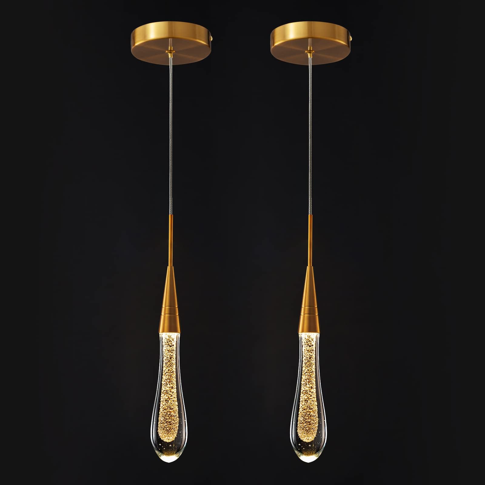 HYJAUSXB Modern Gold Dimmable LED Pendant Light Fixture for Kitchen Island Bedroom Hallway Mini Teardrop Crystal Design Pack of 2