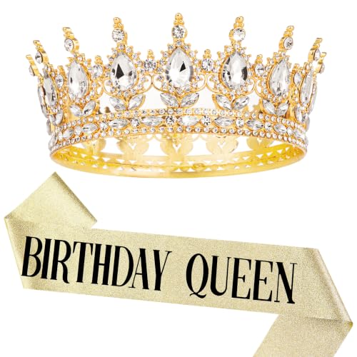 Image of Fesciory Birthday Crown for Women, Gold Plated Crystal Tiara with Sash
