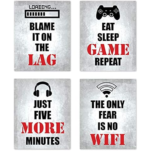 Sweet JoJo Designs Video Game Themed Gamer Wall Art Posters Home Decor Black White and Red Gaming Bedroom Pictures Prints Decorations for Playrooom Gameroom Boys Girls Children -Set of 4 8 x 10 in Cover