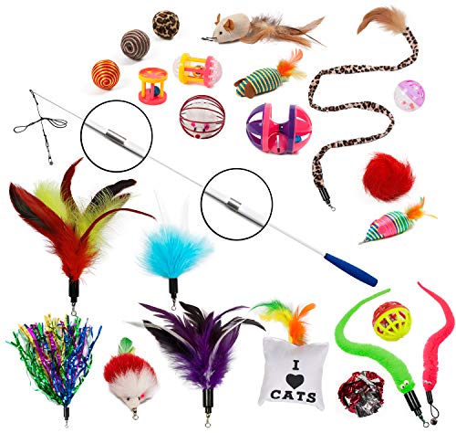 EcoCity Cat Toys - Cat Feather Toys - 24 Pieces, Retractable Cat Wand and Natural Feather Refills and Other Cat Toys Pet Supply (24 Pieces)