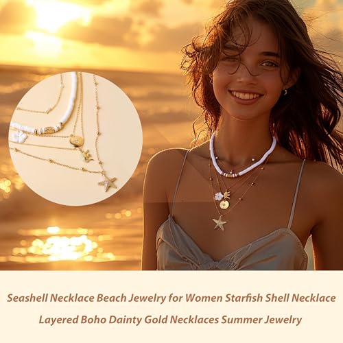 HUASAI Shell Necklace Beach Jewelry for Women Starfish Seahell Necklace Layered Boho Necklaces Ocean Jewelry Halloween Costumes Accessories Vacation Essentials Outfits for Women4
