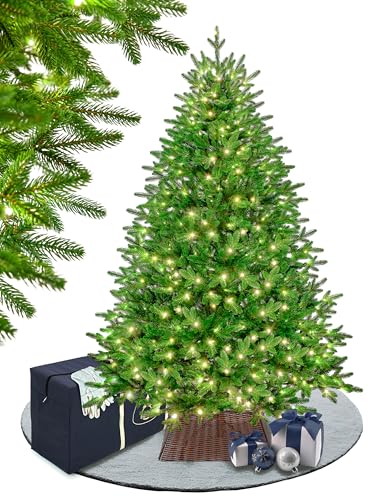 EveXmas - Adele Grün-185 cm-100% Spritzguss-mit Beleuchtung- Künstlicher Weihnachtsbaum-Tannenzweige aus 100% Polyethylen- auf Metallständer- Aufbewahrungstasche und Baumkorb im Lieferumfang enthalten