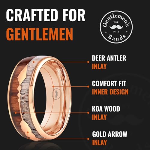 Men's Rose Gold Tungsten Carbide Wedding Band- Premium Tungsten Ring With Deer Antler, Koa Wood & Gold Arrow Inlay - Includes Silicone Band, Leather Drawstring Pouch & Luxury Walnut Box3