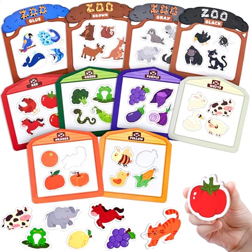 JoyCat Wooden Fridge Magnets for Toddlers, 50PCS Magnetic Color Sorting Refrigerator Toys, Farm & Zoo Animal Magnets for Kids, Baby Educational Learning Gifts for 2, 3, 4, 5 Year Olds