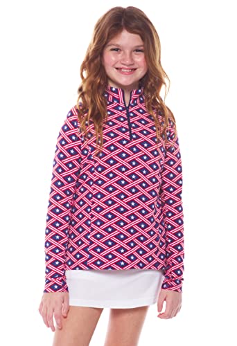 IBKUL Girls Sun Protective UPF 50+ Cooling Americana Print Long Sleeve Mock Neck Top - 10977G Navy/Red Americana M