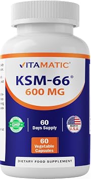 Vitamatic KSM-66 Ashwagandha Root Extract + Bioperine - 600mg, 60 Veggie Caps 1200 mg per 2 Capsules
