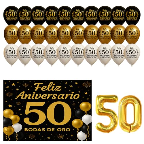 Decoração 50 aniversário casamento de ouro Photocall bandeira 110 x 80 cm festa de casamento 50 anos 30 balões pano fundo balão dourado elegante fotográfico espanhol homenagem presente casal Banner
