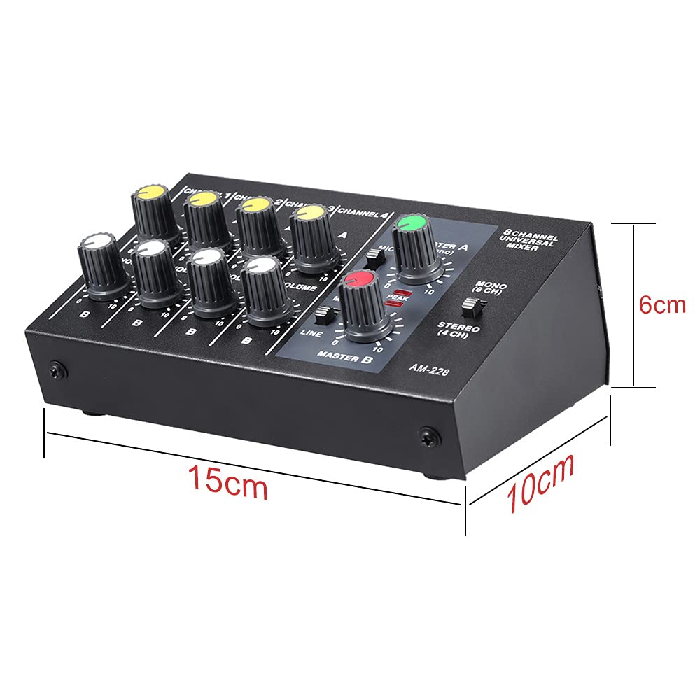 AM-228 Stereo Mixer Audio 8 Canali Ultra-compatta Rumore Basso Metallo Mono con Cavo Adattatore di Alimentazione