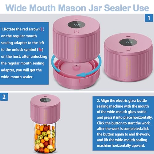 Electric Mason Jar Vacuum Sealer Kit for Wide Mouth and Regular Mouth Mason Jar - Pink