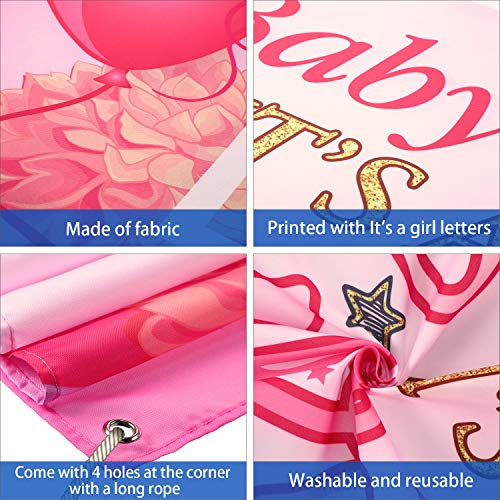 Image of Baby Shower Backdrop It's a Girl Banner 6 x 3.6 ft Large Pink Fabric Decor | Floral Balloon Print on Polyester Fabric, Rope and Grommets for Easy Hanging, Reusable for Photo Booths Walls and Tabless