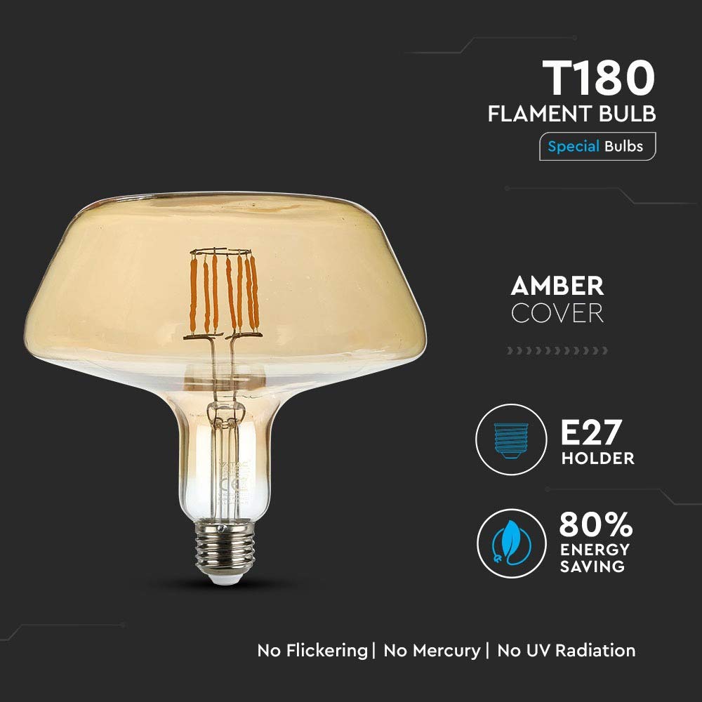 BOMBILLA T180 LED 8W FILAMENTO GRANDE E27 ATAQUE LUZ CA'LIDA 2200K VIDRIO COLOR AMBAR VT-2308 2790