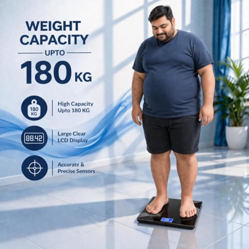 Image of Digital Body Weight Scale with LCD Display, Tempered Glass Platform, Floral Pattern, Accurate Bathroom Weighing Machine, Black (Flora Wave)