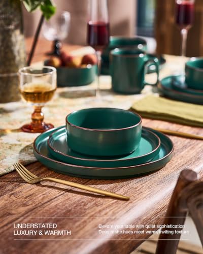 Image of Famiware Nebula Ridge 24-Piece Dinnerware Set with Pasta Bowls, Dark Green