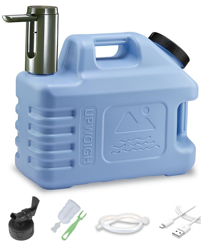 UPWOIGH 3.5 Gallon(13.3L) Portable Water Jug, Light Blue Leakproof Container with Screw-Lock Lid & Touch Pump, Nature-Inspired Carved Water Tank with Spigot, Type-C Rechargeable for Camping Hiking