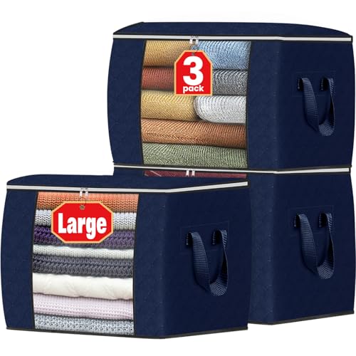 Image of Fab totes 24 Gallons Clothes Storage, Foldable Thick Fabric Blanket Storage Bags, Containers for Organizing Bedroom, Closet, Clothing, Comforter, Organization with Handle (3 Pack,Blue)