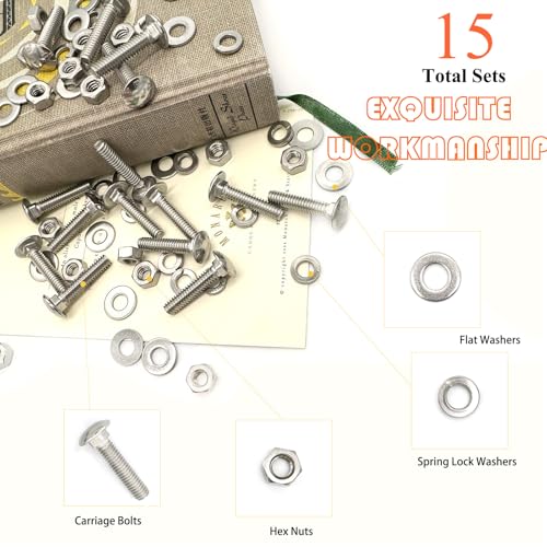 Image of 15 Sets 1 /4 inch-20 x1-1 /4 Carriage Bolts Round Head Square Neck Screws with Hex Nuts Flat Washers Spring Lock Washers 304 Stainless Steel Full Thread Coverage Square Neck Bolts Assortment Kit