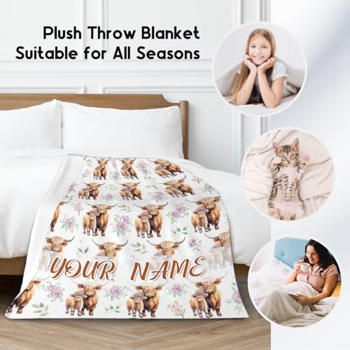 Custom Highland Cow Blanket for Women, Cozy Soft Throw Gifts, Cute White Flannel Throw Blankets for Couch Office, 60x80 Inches