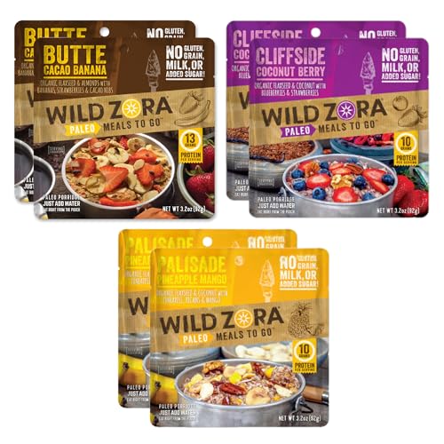 Image of Wild Zora Paleo Freeze Dried Breakfast Meals, 6 Pack, Gluten Free Camping and Backpacking Food, No Added Sugar, Healthy On-the-Go Travel Meal, Coconut Berry, Cacao Banana, and Pineapple Mango Flavors