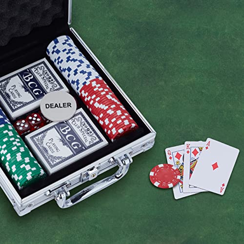 Relaxdays Pokerkoffer, 100 Pokerchips ohne Wert, 2 Kartendecks, 5 Würfel, Dealer-Button, Pokerset, abschließbar, Silber – Bild 7