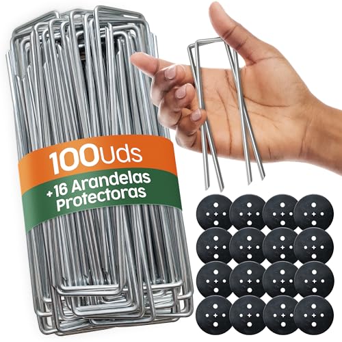 PORTENTUM Grapas Césped Artificial 100 Uds + 16 Arandelas – Piquetas Camping Suelo Duro, Estacas para Tomateras, Piquetas Camping, Grapas Malla Antihierbas y Césped Artificial