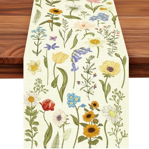 Summer Flower and Leaf Table Runner Seasonal Holiday Anniversary Indoor Outdoor Home Kitchen Table Party Decor (Colorful Flowers 3, 13×72 Inches)