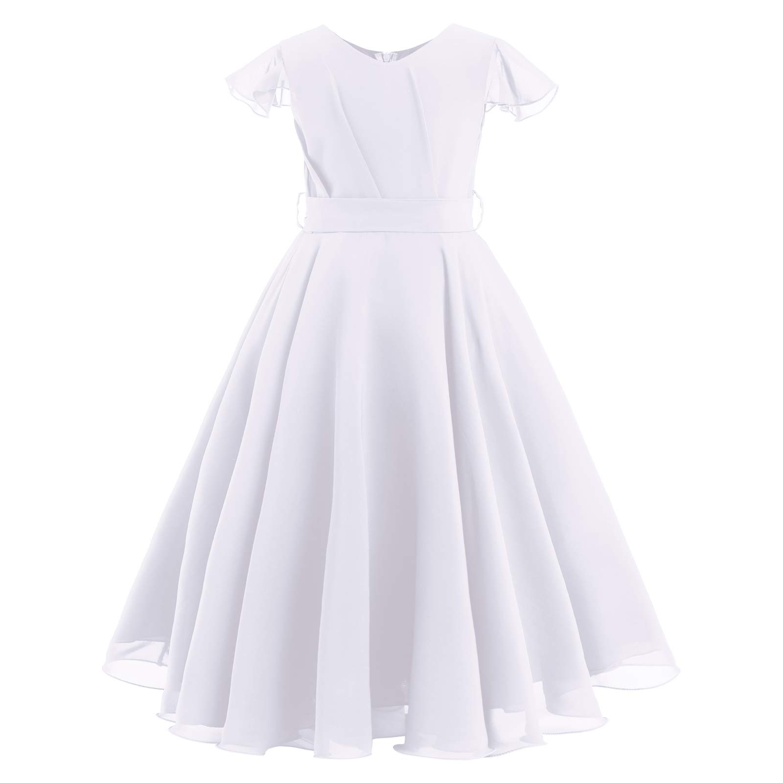Flower Girls Chiffon A-line Dresses Cap Sleeves Floor Length Holy Communion Dress Junior Bridesmaid Party Pageant Dance Maxi Gown Birthday Christening Wedding Party Gown White 3-4 Years