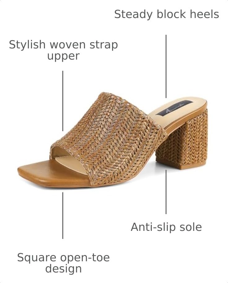 Image of Ancomafio Heeled Sandals for Women，Raffia Sandals 2026 Chunky Heels Square Toe Mules Block Summer Shoes Slip On