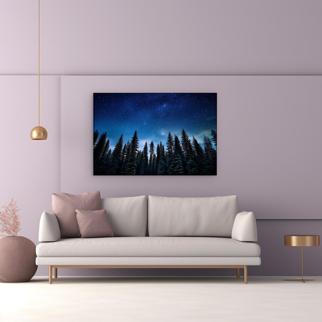 Canvas for Living room. Stargazing Serenity: A Mesmerizing Forest Night Sky, 27 x 18 inch Canvas Wall Art - Modern Home Decor