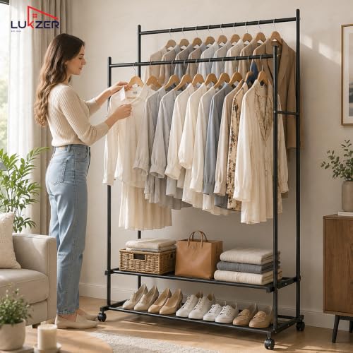 Image of Lukzer Double Rod Metal Garment Stand with Wheels & 2-Tier Storage Organiser Shelves, Portable Clothes Rack and Coat Hanger With Shoe Rack for Bedroom, Entryway & Boutique (Black /109 x 48 x 158 cm)