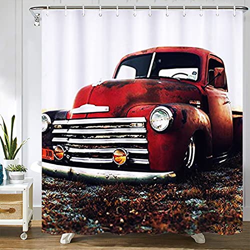Abaysto Chevy Truck Retro Shower Curtain Vintage Rustic Red Truck Cars Home Decor Shower Curtain Sets With Hooks Polyester Fabric Great Gift #TOP6