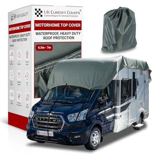 UK Custom Covers Motorhome Roof Cover – Waterproof, UV Proof, Breathable Top Protector with Straps & Storage Bag – 150D Polyester PU Coated, Durable & Soft on Paintwork (Size 6.5-7m, Grey)