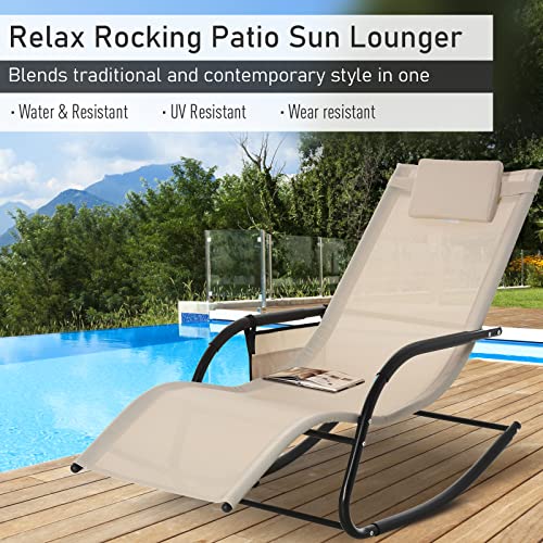 Outsunny Outdoor Rocking Chair, Chaise Lounge Pool Chair For Sun Tanning, Sunbathing, A Rocker With Side Pocket, Armrests & Pillow For Patio, Lawn, Beach, Cream White #TOP3