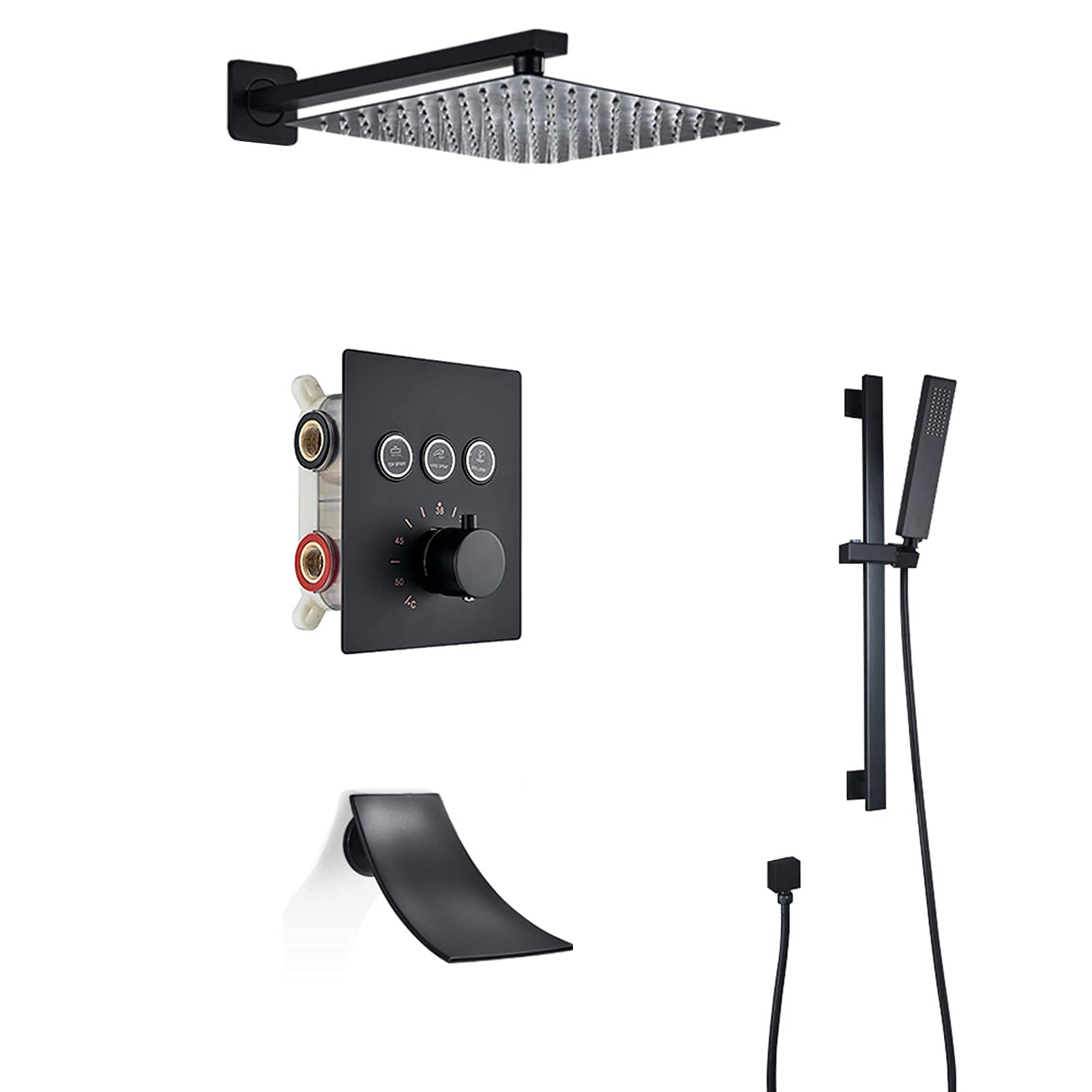 AYCDL Thermostatic Shower System Matte Black, Stainless Steel Rainfall Shower Head, Handheld Shower with Slide Bar, Wall Mounted Waterfall Bathtub Faucet Set,10Inch,1,8inch