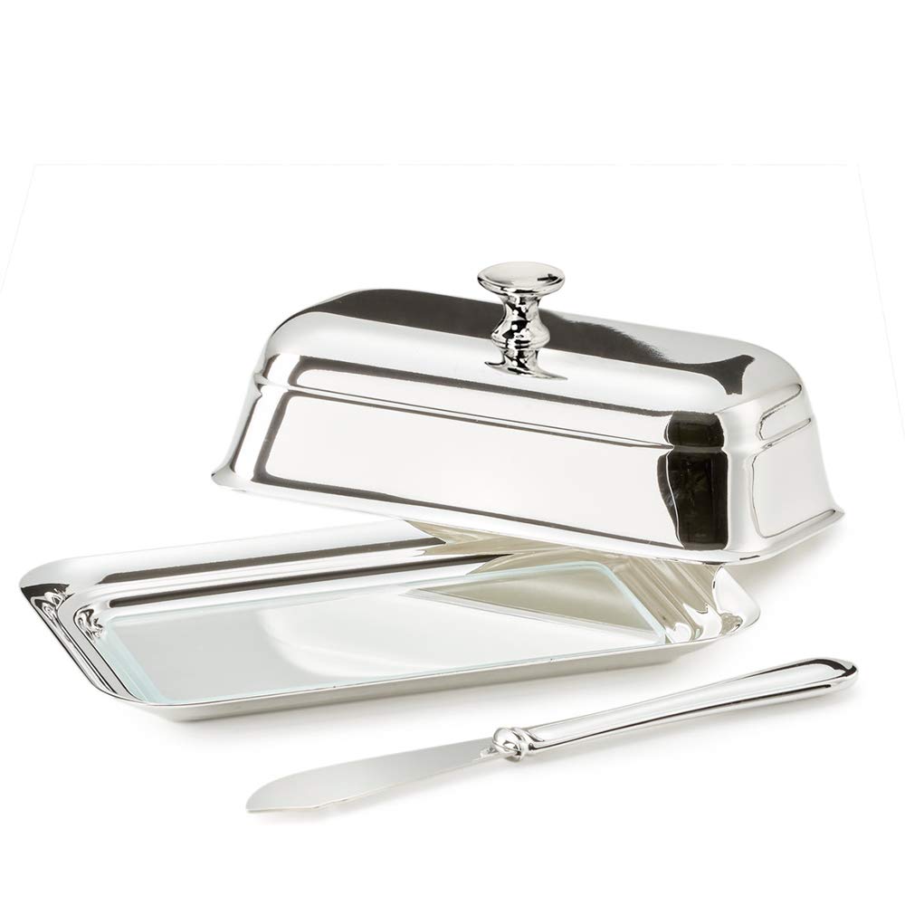 EDZARD Beurrier Mary, avec Plateau en Verre, argenté Noble, Poli Brillant, 8 x 13 cm, avec Couteau à Beurre Assorti, pour 125 grammes de beurre